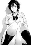  1girl arisawa_tatsuki bleach bow bowtie breasts collarbone collared_shirt daraz18aka greyscale hand_on_own_knee highres kneehighs large_breasts looking_at_viewer monochrome panties pantyshot school_uniform shadow shirt short_hair simple_background sitting solo thighs underwear white_background 