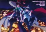  1boy 1girl absurdres artbook black_legwear blurry bokeh bow bowtie breasts broom broom_riding cape city city_lights company_name copyright_name depth_of_field full_body green_bow green_neckwear hat highres huge_breasts kagari_ayaka loafers night official_art outdoors red_cape scan shoes sideways_glance sky star_(sky) starry_sky takamiya_honoka thighhighs witch witch_craft_works witch_hat zettai_ryouiki 