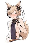 1boy absurdres animal_ears blush brown_eyes brown_hair collar covered_navel erune granblue_fantasy hair_over_one_eye highres kou_(granblue_fantasy) looking_at_viewer male_focus metal_collar nipples one_eye_covered short_hair simple_background solo tail wakamesan white_background 