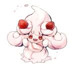  :d alcremie alcremie_(strawberry_sweet) brown_eyes commentary_request food fruit gen_8_pokemon looking_at_viewer nao_(naaa_195) no_humans open_mouth pokemon pokemon_(creature) smile solo star_(symbol) strawberry 