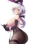  1girl absurdres animal_ears areola_slip areolae ass azur_lane backless_leotard bare_shoulders black_bra black_gloves black_leotard blush bra bra_removed breasts elbow_gloves fake_animal_ears from_side gloves highres huge_breasts huwahuwa_raidou leotard long_hair looking_at_viewer mechanical_hands metal_gloves official_alternate_costume parted_hair playboy_bunny rabbit_ears reno_(azur_lane) reno_(reno_bunnino)_(azur_lane) see-through_shirt side-tie_leotard sideboob simple_background single_elbow_glove single_mechanical_hand solo underwear white_background white_hair wrist_cuffs 
