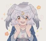  1girl bird_girl bird_wings blush casual clenched_hands close-up denim denim_jacket eyebrows_visible_through_hair greater_rhea_(kemono_friends) grey_hair head_chain head_wings jacket jewelry kemono_friends kemono_friends_3 long_sleeves looking_at_viewer moon_(ornament) multicolored_hair official_alternate_costume open_mouth orange_eyes shimazoenohibi shirt sleeves_rolled_up smile solo sparkle two-tone_hair white_hair white_shirt wings 