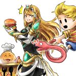  1boy 1girl bangs blonde_hair burger chef_hat eating food hair_ornament hat holding holding_food kicdon long_hair looking_at_another lucas_(mother_3) mother_(game) mother_3 mythra_(xenoblade) shirt short_hair simple_background snake striped striped_shirt super_smash_bros. sweatdrop swept_bangs white_background xenoblade_chronicles_(series) xenoblade_chronicles_2 yellow_eyes 