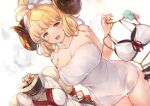 1girl anila_(granblue_fantasy) antenna_hair bangs bare_shoulders bikini blonde_hair blunt_bangs breasts cleavage clothes_hanger collarbone commentary_request cowboy_shot draph dutch_angle granblue_fantasy groin horns large_breasts long_hair looking_at_viewer mayuzaki_yuu naked_towel open_mouth sheep_horns short_eyebrows smile solo steam swimsuit tied_hair towel towel_on_head yellow_eyes 