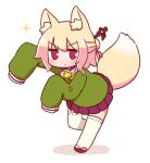  1girl animal_ears bangs bell brown_collar brown_footwear closed_mouth collar commentary_request eyebrows_visible_through_hair fox_ears fox_girl fox_tail full_body green_shirt hair_between_eyes hair_bun hair_ornament highres jingle_bell kemomimi-chan_(naga_u) long_sleeves looking_at_viewer naga_u neck_bell orange_neckwear original pleated_skirt purple_skirt red_eyes ribbon-trimmed_legwear ribbon_trim sailor_collar shadow shirt skirt sleeves_past_fingers sleeves_past_wrists solo sparkle standing standing_on_one_leg tail thighhighs v-shaped_eyebrows white_background white_legwear white_sailor_collar zouri 