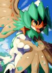  bird cloud commentary_request day decidueye gen_7_pokemon highres leaves_in_wind looking_down no_humans open_mouth orange_pupils outdoors pokemon pokemon_(creature) signature sky tanpakuroom tongue yellow_eyes 