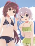  2girls absurdres ahoge bikini bikini_skirt blue_eyes blush breasts brown_eyes closed_mouth collarbone eyebrows_visible_through_hair frilled_bikini frills glasses highres ikeda_chitose kameko338 long_hair looking_at_viewer multiple_girls navel outdoors ponytail purple_hair shiny shiny_hair short_hair sky small_breasts smile sugiura_ayano swimsuit v white_hair yuru_yuri 