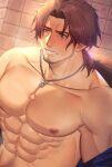  1boy abs absurdres bangs bara bare_pectorals beard belmond_banderas blush breath brown_eyes brown_hair facial_hair highres jewelry large_pectorals male_focus male_pubic_hair mature_male mixivsky muscular muscular_male navel navel_hair necklace nijisanji nipples off_shoulder open_clothes open_shirt out-of-frame_censoring parted_bangs pectorals penis pubic_hair pubic_hair_peek sexually_suggestive short_hair sideburns solo steam stomach sweat virtual_youtuber 