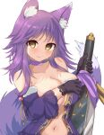  1girl akahaneko animal_ear_fluff animal_ears blush breast_hold breasts cleavage collarbone covering covering_breasts eyebrows_visible_through_hair gloves highres holding holding_weapon large_breasts makoto_(princess_connect!) midriff navel princess_connect! purple_hair simple_background solo sweat sword tail weapon white_background wolf_ears wolf_girl wolf_tail 