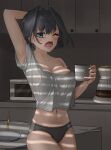  1girl arm_behind_head arm_up bangs black_hair black_panties blush breasts cleavage coffee coffee_maker_(object) coffee_mug coffee_pot collarbone crop_top cup eyebrows_visible_through_hair hair_intakes highres holding holding_cup hololive hololive_english indoors kitchen large_breasts looking_at_viewer messy_hair microwave midriff modagitbi mug navel open_mouth ouro_kronii panties shade shirt short_hair short_sleeves single_bare_shoulder sleepy solo strap_slip tears teeth underwear virtual_youtuber waking_up white_shirt yawning 