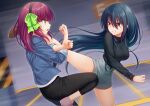  2girls angel_beats! bangs battle black_hair black_hairband black_pants black_shirt blue_jacket bow clenched_teeth commission crossed_arms eyebrows_visible_through_hair feet_out_of_frame floating_hair green_bow green_eyes grey_shorts hair_between_eyes hairband jacket kicking long_hair motion_blur multiple_girls nakamura_hinato open_clothes open_jacket pants pink_footwear profile purple_hair red_eyes ribbed_shirt shiina_(angel_beats!) shirt shoes short_shorts shorts skeb_commission standing standing_on_one_leg teeth turtleneck very_long_hair yuri_(angel_beats!) 