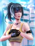  1girl armlet bangs bare_shoulders blue_eyes blue_hair dog_tags gloves ikari_warriors leona_heidern military ponytail pouch sleeveless snowfredel_arme solo tank_top the_king_of_fighters the_king_of_fighters_xiv the_king_of_fighters_xv watermark web_address yellow_tank_top 
