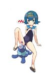  1girl arm_support bangs bare_shoulders black_eyes blue_eyes blue_hair blue_sailor_collar blue_swimsuit blush bob_cut breasts bright_pupils brown_footwear cameltoe clothes_lift collarbone commentary_request covered_navel eyebrows_visible_through_hair full_body gen_7_pokemon hairband hand_up happy head_back highres knee_up lana_(pokemon) leaning_forward lifted_by_self looking_at_viewer looking_up one-piece_swimsuit open_mouth pokemon pokemon_(creature) popplio sailor_collar sandals shiny shiny_hair shirt shirt_lift short_hair sidelocks simple_background sitting sleeveless sleeveless_shirt small_breasts smile solo_focus speech_bubble spoken_blush spread_legs swimsuit tenjou_ryuka white_background white_pupils white_shirt yellow_hairband 