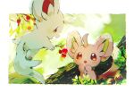  :o ahoge alternate_color berry blush border brown_eyes commentary_request day eye_contact gen_5_pokemon hands_up looking_at_another minccino nao_(naaa_195) open_mouth outdoors pokemon shiny_pokemon smile white_border 