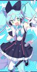  1girl absurdres aqua_background aqua_eyes aqua_hair aqua_neckwear black_bow black_dress bow cable commentary dress foreshortening frilled_dress frills gloves hair_bow hatsune_miku headphones highres leg_up long_hair looking_at_viewer magical_mirai_(vocaloid) makuhari-chan mamimu_(ko_cha_22) necktie outstretched_arm polka_dot polka_dot_background short_necktie solo sparkling_eyes symbol-only_commentary thank_you twintails very_long_hair vocaloid white_gloves white_legwear 