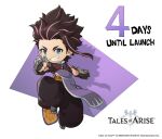  1boy brown_hair chibi copyright copyright_name countdown english_text law_(tales) logo multicolored_hair official_art pink_hair smile solo spiked_hair spiked_knuckles tales_of_(series) tales_of_arise two-tone_hair 