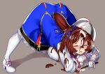 1girl :3 ahoge animal_ears arched_back arm_rest ass bangs blue_dress blush breast_press breasts brown_hair chocolate closed_eyes collared_shirt commentary_request crying dojikko dress ear_ribbon eyebrows_visible_through_hair fallen_down flexible food food_on_body food_on_face full_body gloves grey_background hair_between_eyes hairband hands_on_ground holding holding_spatula horse_ears horse_girl horse_tail jack-o&#039;_challenge large_breasts long_sleeves meisho_doto_(umamusume) meme mixing_bowl multicolored_hair nose_blush open_mouth pink_hairband pose shadow shirt shoes short_hair sidelocks simple_background solo spatula spread_legs stretch tail takurowo top-down_bottom-up two-tone_hair umamusume white_footwear white_gloves white_hair white_legwear white_shirt wide_spread_legs 
