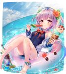  1girl :t absurdres anchor_symbol ankle_strap barefoot blue_swimsuit blush chewing closed_mouth flower food gemini_seed hair_flower hair_ornament hat highres ice_cream ice_cream_cone innertube light_rays looking_at_viewer ocean one-piece_swimsuit piyoyanagi popsicle purple_hair red_eyes sailor_hat school_swimsuit short_hair solo summer sunbeam sunlight swimsuit triple_scoop two_side_up watermelon_bar 