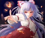  1girl arm_garter bangs bow buttons eyebrows_visible_through_hair fire fujiwara_no_mokou hair_bow long_hair long_sleeves ofuda ofuda_on_clothes pants pyrokinesis red_bow red_eyes red_pants riria_(liry_a_flower) shirt solo suspenders touhou white_bow white_hair white_shirt 
