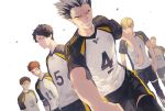  6+boys akaashi_keiji black_hair black_legwear blonde_hair bokuto_koutarou brown_hair eyebrows grey_hair haikyuu!! highres komi_haruki konoha_akinori looking_at_viewer male_focus mgmg_1012 multicolored_hair multiple_boys onaga_wataru sarukui_yamato serious short_hair short_sleeves shorts smirk sportswear two-tone_hair volleyball_uniform walking washio_tatsuki yellow_eyes 