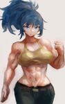  1girl abs absurdres bangs bare_arms biceps blue_eyes blue_hair breasts camouflage camouflage_pants hatano_kiyoshi highres large_breasts leona_heidern looking_at_viewer muscular muscular_female pants shoulders snk solo standing tank_top the_king_of_fighters the_king_of_fighters_xv yellow_tank_top 