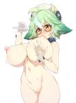  1girl ahoge bare_shoulders between_breasts blue_hair blush breast_grab breast_hold breast_sucking breasts commentary dark_green_hair english_commentary eyebrows_visible_through_hair genshin_impact glasses gloves grabbing green_hair groin hair_between_eyes hand_up hat highres huge_breasts knees_out_of_frame light_green_hair medium_hair midriff multicolored_hair navel nude potion pouring_onto_self pussy self_breast_sucking shiny shiny_skin simple_background slugbox solo star_(symbol) streaked_hair sucrose_(genshin_impact) thighs white_background white_gloves white_hair yellow_eyes 