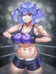  1girl abs blue_eyes boxing boxing_gloves boxing_ring boxing_shorts braid breasts dragon_girl grin head_wings heterochromia highres looking_at_viewer medium_breasts medium_hair midriff navel nijisanji nijisanji_en parted_lips pointy_ears purple_eyes purple_hair selen_tatsuki shiny shiny_hair shiny_skin shorts skylock smile solo sports_bra standing sweat teeth twin_braids virtual_youtuber 