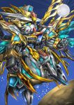  blue_eyes clenched_hand colored_sclera denjyou23 floating gundam haro highres leaning_back looking_up mecha moon no_humans sd_gundam sd_gundam_world_heroes signature solo v-fin yellow_sclera zhuge_liang_freedom_gundam 