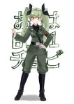  1girl absurdres anchovy_(girls_und_panzer) belt black_belt black_bow black_footwear black_neckwear black_shirt bow closed_mouth collared_shirt full_body girls_und_panzer green_hair green_jacket green_pants hair_bow hand_on_hip highres holding_riding_crop jacket long_sleeves looking_at_viewer luicent necktie pants red_eyes riding_crop shirt smile solo twintails wing_collar 