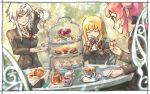  3girls blonde_hair cake cake_slice cake_stand chair closed_eyes corbeau_(tart_magica) cup food highres honey kym lapin_(tart_magica) magia_record:_mahou_shoujo_madoka_magica_gaiden mahou_shoujo_madoka_magica minou_(tart_magica) multiple_girls pink_hair ribbon school_uniform smile table tea_party teacup teapot white_hair 