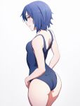  1girl ass bare_shoulders blue_hair blue_swimsuit breasts dimples_of_venus from_behind highres looking_at_viewer looking_back one-piece_swimsuit original red_eyes short_hair simple_background small_breasts solo swimsuit thighs white_background zoryc 