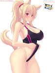  1girl animal_ear_fluff animal_ears bangs bare_arms bare_shoulders black_swimsuit blonde_hair blush breasts cat_ears cat_girl cat_tail cleavage collarbone commentary competition_swimsuit cowboy_shot eyebrows_visible_through_hair from_side hair_ornament hair_scrunchie highres large_breasts long_hair looking_at_viewer navel nottytiffy one-piece_swimsuit original parted_lips patreon_username ponytail red_eyes scrunchie sideboob simple_background slit_pupils smile solo swimsuit tail tiffy_(nottytiffy) white_background 
