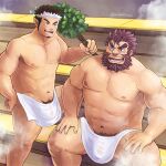  2boys abs banya_(sauna) bara bare_pectorals beard blush brown_hair bulge christmas ded_(tokyo_houkago_summoners) facial_hair feet_out_of_frame flaccid fur-trimmed_jacket fur_trim goatee jacket large_pectorals long_sideburns male_focus male_pubic_hair mature_male multicolored_hair multiple_boys muscular muscular_male naked_towel navel nipples old old_man omochiwotakusan on_bench open_clothes open_jacket pectorals penis penis_peek pointy_ears pubic_hair pubic_hair_peek red_jacket reward_available santa_costume sauna see-through short_hair sideburns sitting snowflakes sparkling_eyes steam stomach thick_thighs thighs tokyo_houkago_summoners tomte_(tokyo_houkago_summoners) towel towel_around_waist two-tone_hair wet wet_clothes white_hair 