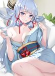  1girl amco bangs bare_shoulders blue_eyes blue_hair blunt_bangs blush breasts cleavage couch genshin_impact hair_down highres japanese_clothes kamisato_ayaka kimono long_hair long_sleeves looking_at_viewer medium_breasts mole mole_under_eye off_shoulder on_couch wide_sleeves yukata 