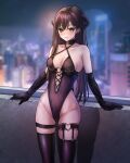 1girl ass_visible_through_thighs backlighting bang_dream! bare_hips bare_shoulders black_gloves black_legwear black_leotard blush breasts brown_hair city cleavage closed_mouth collarbone criss-cross_halter demon_horns elbow_gloves empty_eyes gloves halterneck hanazono_tae heart heart_ring highleg highleg_leotard highres horns leotard long_hair looking_at_viewer medium_breasts night outdoors ptal skindentation smile solo standing thighhighs very_long_hair yellow_eyes 