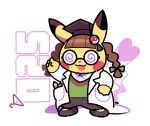  :3 :d artsy-rc braid brown_hair clothed_pokemon clothes_hanger coke-bottle_glasses full_body gen_1_pokemon glasses green_shirt hand_up hat highres labcoat mortarboard no_humans number open_mouth pants pikachu pokedex_number pokemon pokemon_(creature) shirt shoes signature smile solo twin_braids white_background 