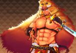  1boy abs animal_hood bara bare_pectorals boar_boy body_fur brown_hair chest_harness facial_hair facial_mark fang forked_eyebrows goatee gullinbursti_(tokyo_houkago_summoners) harness holding holding_sword holding_weapon hood large_pectorals male_focus mature_male muscular muscular_male navel nipples pectorals pelvic_curtain pubic_tattoo short_hair solo stomach sword tattoo tokyo_houkago_summoners touou weapon 
