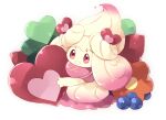  alcremie alcremie_(love_sweet) berry commentary_request gen_8_pokemon holding kirimi_maguro looking_at_viewer no_humans open_mouth pokemon pokemon_(creature) red_eyes smile solo 