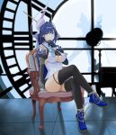  1girl absurdres armchair bangs black_gloves black_legwear black_skirt blue_cape blue_eyes blue_footwear blue_hair bow bow_earrings breasts cape chain chair cleavage_cutout clock clock_hands clothing_cutout crossed_legs detached_sleeves earrings full_body gloves hair_intakes halo hand_on_own_chin head_chain highres hololive hololive_english jewelry large_breasts looking_at_viewer mechanical_halo miniskirt ouro_kronii quatthro ribbon_earrings shiny shiny_hair shirt short_hair sitting skirt sleeveless sleeveless_shirt solo striped thighhighs thighs underboob_cutout vertical_stripes virtual_youtuber 