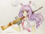  1girl animal_ears battle_rifle closed_mouth collared_shirt colored_pencil_(medium) commentary_request eyebrows_visible_through_hair gun highres holding holding_gun holding_weapon long_hair looking_at_viewer m14 necktie over_shoulder puffy_short_sleeves puffy_sleeves purple_hair q-bee_(aaru) rabbit_ears red_eyes red_neckwear reisen_udongein_inaba rifle shirt short_sleeves smile sniper_rifle solo touhou traditional_media twitter_username upper_body weapon weapon_over_shoulder white_shirt wind 