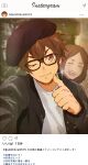  &gt;_o 1boy ace_of_diamond beret black_jacket brown_eyes brown_hair extra glasses hat jacket male_focus mamenoco one_eye_closed open_clothes open_jacket people sawamura_eijun selfie shirt short_hair smile solo thumbs_up upper_body white_shirt 