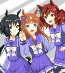  3girls animal_ears bangs black_hair blue_eyes bow bowtie brown_eyes brown_hair closed_mouth commentary_request dutch_angle ear_covers ear_ribbon eyebrows_visible_through_hair frilled_skirt frills girl_sandwich grass_wonder_(umamusume) green_eyes hair_tie holding_hands horse_ears horse_girl horse_tail interlocked_fingers kin&#039;iro_ryotei_(umamusume) kuonkimi long_hair long_sleeves looking_at_viewer low_ponytail medium_hair medium_skirt multiple_girls nice_nature_(umamusume) open_mouth pleated_skirt purple_shirt purple_skirt red_hair sandwiched school_uniform shirt skirt smile tail tracen_school_uniform twintails umamusume white_neckwear winter_uniform 