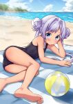  1girl ass ball barefoot beach beachball blue_eyes blue_swimsuit cloud double_bun feet hair_bun hair_intakes highres legs long_hair looking_at_viewer lying magia_record:_mahou_shoujo_madoka_magica_gaiden mahou_shoujo_madoka_magica ocean on_side one-piece_swimsuit outdoors school_swimsuit silver_hair sky soles solo swimsuit thighs toes towel twintails yakumo_mikage yappariga 