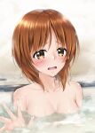  1girl bangs bath bathing blush breasts brown_eyes brown_hair commentary_request frown girls_und_panzer highres looking_at_viewer medium_breasts mini_dang01 nishizumi_miho nude open_mouth partial_commentary short_hair solo steam water wet 