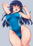  1girl aoki_reika arms_up ass_visible_through_thighs bangs blue_eyes blue_sky blunt_bangs blush breasts cameltoe commentary_request competition_swimsuit crying crying_with_eyes_open feet_out_of_frame glasses grey_background hair_ornament hairclip highres hime_cut large_breasts long_hair lying mutyakai on_back one-piece_swimsuit open_mouth precure saliva saliva_trail sidelocks simple_background sky smile_precure! solo swimsuit tears thighs wet 