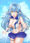  1girl ahoge armpits bangs bare_shoulders beach blue_hair blue_nails blue_skirt blurry blurry_background braid breasts cleavage closed_eyes cloud collarbone dark_blue_hair detached_collar flower frilled_skirt frills hair_between_eyes hair_flower hair_ornament heart_ahoge hololive large_breasts long_hair looking_at_viewer midriff multicolored_hair navel o-ring o-ring_top pointy_ears sailor_bikini sailor_collar sand scarlet_mirin sidelocks skirt sky solo standing streaked_hair swimsuit thigh_strap thighs two-tone_hair virtual_youtuber water yellow_eyes yukihana_lamy 