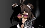  1girl antenna_hair artist_name brown_hair closed_mouth dated double_bun gun holding holding_gun holding_weapon kantai_collection naka_(kancolle) portrait revolver short_hair signature smoke smoking_gun solo sunglasses tk8d32 weapon 