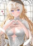  1girl absurdres bangs blonde_hair blue_eyes breasts center_opening dress fate/apocrypha fate/grand_order fate_(series) headpiece heart heart_hands highres jeanne_d&#039;arc_(fate) jeanne_d&#039;arc_(fate)_(all) large_breasts long_hair long_sleeves looking_at_viewer lostroom_outfit_(fate) sakurasakimasu4 smile solo very_long_hair white_dress 