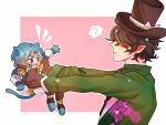  2boys ? animal_hands black_headwear blue_eyes cat_tail cheshire_cat_(alice_in_wonderland) cheshire_cat_(alice_in_wonderland)_(cosplay) cosplay hat identity_v jack_(identity_v) jewelry liming15490 long_sleeves multiple_boys naib_subedar pink_background pointy_ears ring spoken_question_mark tail upper_body 