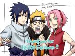  1girl 2boys :d black_eyes black_hair blonde_hair border closed_mouth forehead_protector green_eyes grey_jacket haruno_sakura highres holding holding_sword holding_weapon jacket katana looking_at_viewer multiple_boys naruto_(series) naruto_shippuuden ninja open_mouth pink_hair pinoko_(pnk623) red_shirt shirt short_hair simple_background sleeveless smile sword team7 teeth uchiha_sasuke uzumaki_naruto v-shaped_eyebrows weapon white_background wide-eyed 